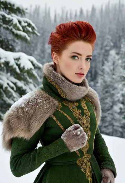 Red hair, green eyes, amber heard, pixie, Russian winter clothes worn in deep snow.Winter, Ural mountains