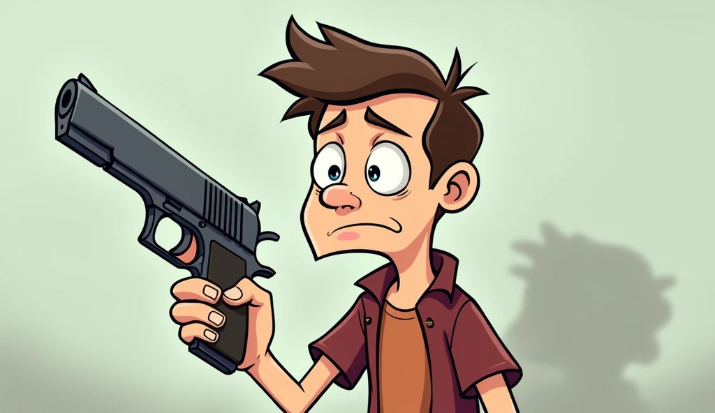 Generate a Cartoon nervous men with holding a gun, 