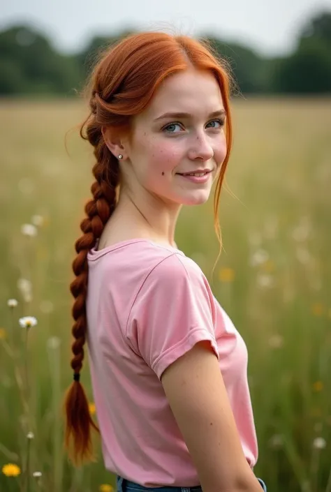 A young woman is standing in a meadow .  She has tied her red hair in a braided braid. She has blue eyes . She has freckles.  she smiles .  She is wearing a pink t-shirt and blue jeans .  She is wearing black riding boots . 