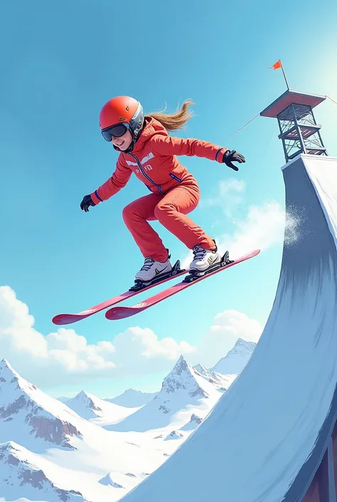 Create an illustration of a girl skiing down a high springboard in a special uniform in winter