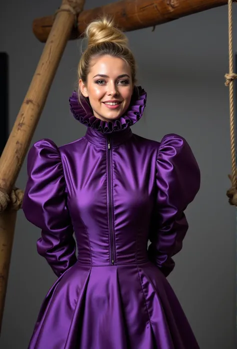 (realistic photograph close up sideways cheerful), (a pleased beautiful European orgasm looking lady with (messy hair bun), she is wearing (an elaborate extensive shiny purple silk dress with (long gigantic puff sleeves), (and an ultra high narrow stand-up...