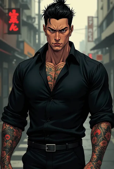  man in his late 20s ,Korean guy wearing a martial arts , Sharp Jawline ,  broad shoulder , black dress shirt, 팔에 Yakuza문신,Yakuza,Webtoon,cigarette on hand 