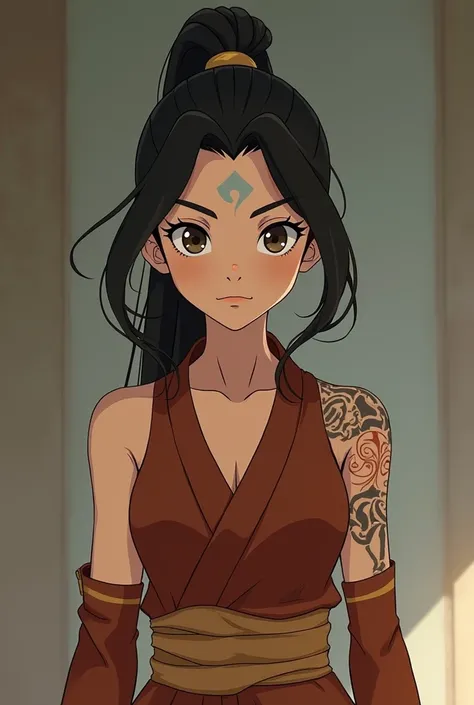 the legend of korra artstyle, make an airbender girl give her the airbender tattoos