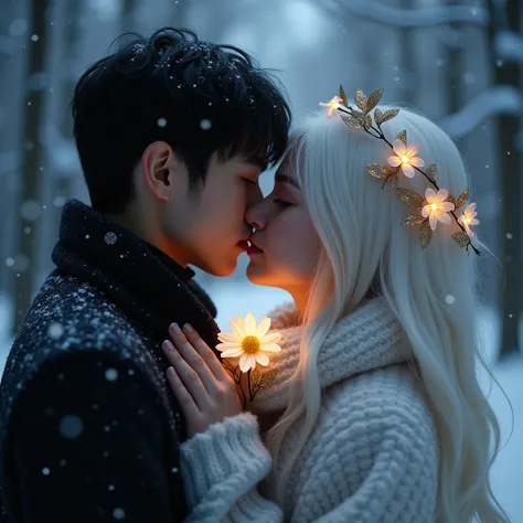 "Create a romantic winter scene featuring a black-haired man and a white-haired woman. The couples Secret kiss is Closed hidden by glowing delicate flowers that emit a soft light, adding a magical and mysterious touch. Part of the womans white hair is ador...