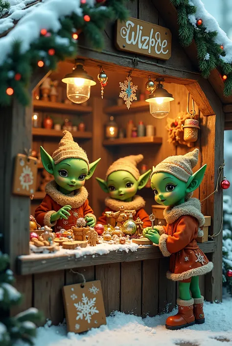 In a vibrant, snow-covered Christmas market scene, a group of playful, young, beardless elves with striking emerald green skin and pointed ears, adorned in festive, intricately designed, golden-brown attire, gather inside a cozy, ornately decorated wooden ...