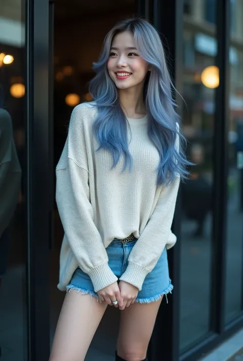  Photo of a beautiful young Korean woman ,  grey hair with blue highlight , long hair , cute pose , chubby 1:1, hands crossed behind her back , tilted body ,  wears an oversized cream mix blue sweater up to the thigh wearing black strappy boots,  smiling, ...