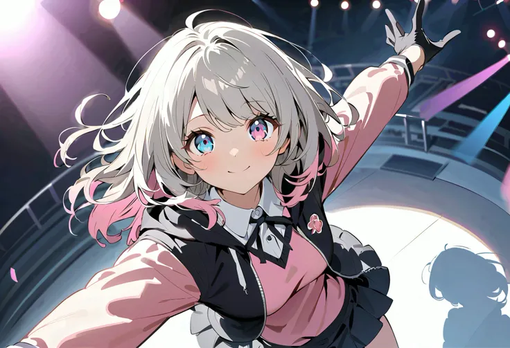 Black Gloves 、Black leather gloves 、 Black Gloves 、asymmetry bangs, swept bangs.,extends hands、 smile and be at peace with friends 、Live with friends 、eyeを閉じて熱唱する、eyeを閉じる、 wear a black hoodie Mike 、{{{masterpiece}}}, {{{ top quality}}}, {{ super deta...