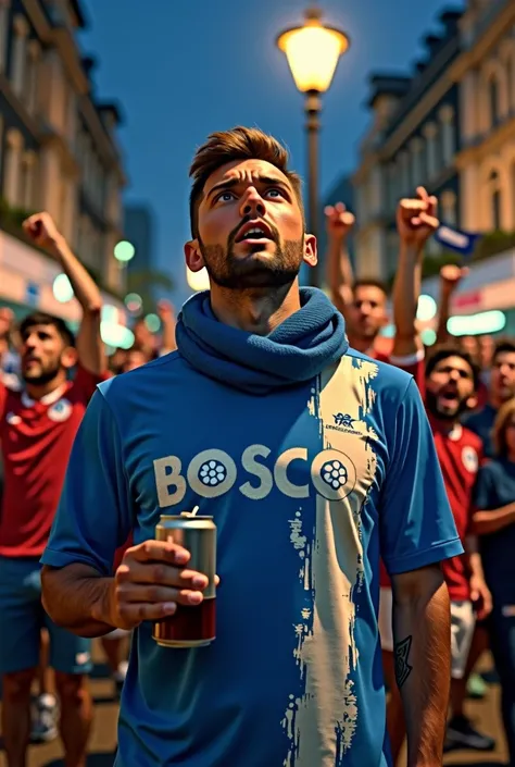  On a lively night street ,  a soccer fan stands out from the crowd . He is standing,  with a vibrant blue t-shirt ,  that has a hand-painted white stripe in the center .  The stripe has an artistic touch ,  with irregular lines that give the feeling that ...