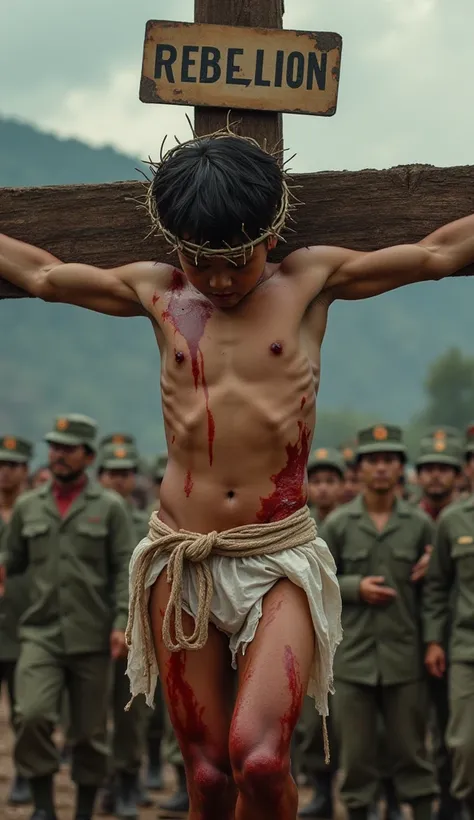 (photorealism:1.2), (Ultra Realistic), (High Resolution), (high detail), (8K), (Best Quality), (Masterpiece), (Cutest Korean Boy), wet oily shining skin 19-years-old armycut hairstyle Korean military army crucifixion scene wearing crown of thorns and torn ...