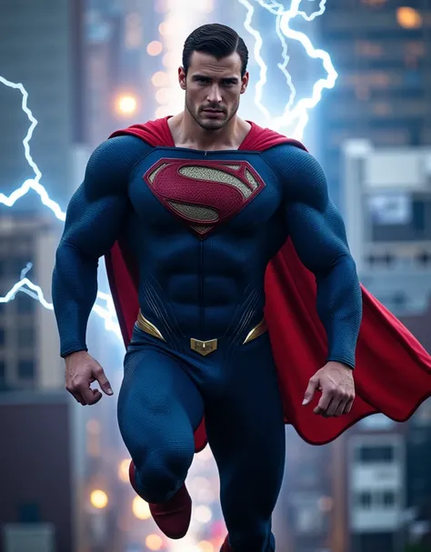 muscular attractive c3v4n4 with an undercut haircut combed back, short beard, wearing blue, form-fitting Superman suit with gold accents in the waistband, his chest displays the iconic "S" symbol. Supermans traditional red cape is present, attached to the ...