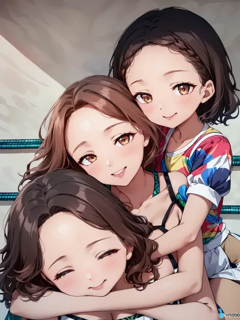 A mother and her two daughters hugging each other 