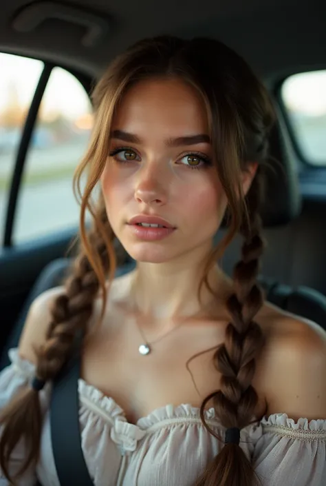 18 year old woman, long brown hair, pigtails, in back seat of car, show breasts, petite, eyeliner, pretty face, soft lighting