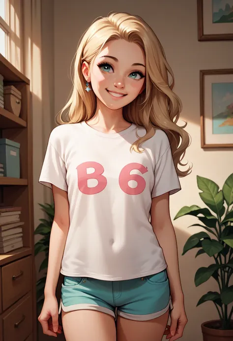 handsome, cute, , beautiful cute face, blond hair, (((age s))), thin, short, standing in the room, wearing shorts and a T-shirt, looking forward, smiling