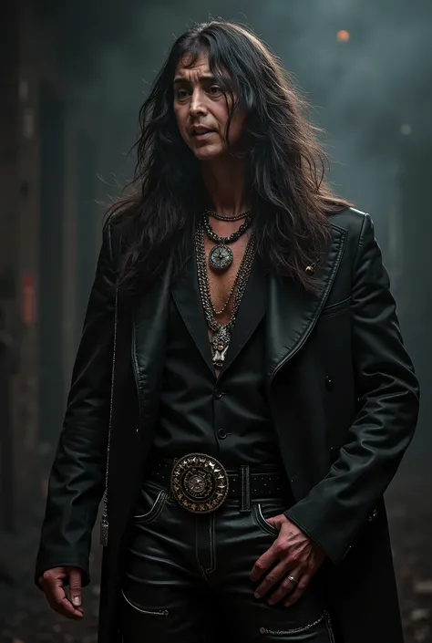 80s heavy metal guy with long hair dressed like a rockstar with black fancy clothes and a rock and roll pose. photorrealistic image with high quality of detail, professional camera shot. the background is dark and obscure terrorific scenario