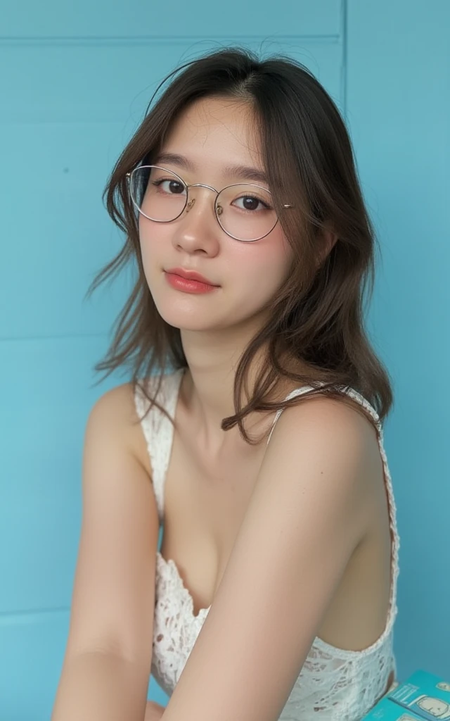  A realistic photo of a cute woman with loose hair , , wear round glasses  , . She smiles softly and looks at the camera  , . This woman has no shoulders ,, Dont wear any lace dress., Real skin, Wet skin,  Sweat, , a natural make-up that enhances the look ...