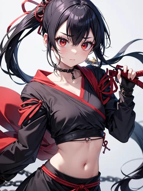  Beautiful Shinobi girl with one black hair tied like that、Hold up chains and daggers feeling energetic and active 。