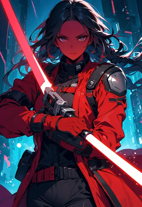 red skin, (matte skin), ((cor red skin, red military clothes, (man), clothes with futuristic elements,  skinny, clothes with futuristic lights, (Sci-Fi Suit), Military clothing with cybernetic elements, clothes tech, holding lightsaber blade sword, african...