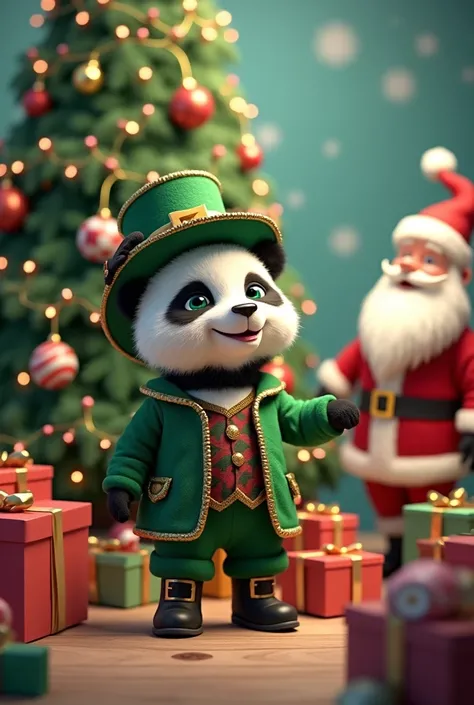  A cute panda bear dressed as a leprechaun with Santa Claus, elves, gifts and a beautiful Christmas tree  