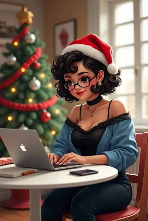 Draw a beautiful chubby girl with white skin short hair ,  black and curly with a Santa hat black eyes and glasses , nude lips,  black choker and round silver screens mahon blue and black blouse with black boots sitting on a chair working a white table wit...