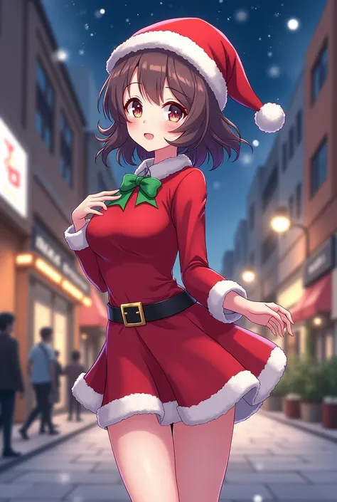  Create a waifu with a Christmas costume in a city ...  Also that this is some big letters that say  " Manhwas and mangas  " in the middle....  Let the waifu be recharged in these letters with a smile... Anime version 