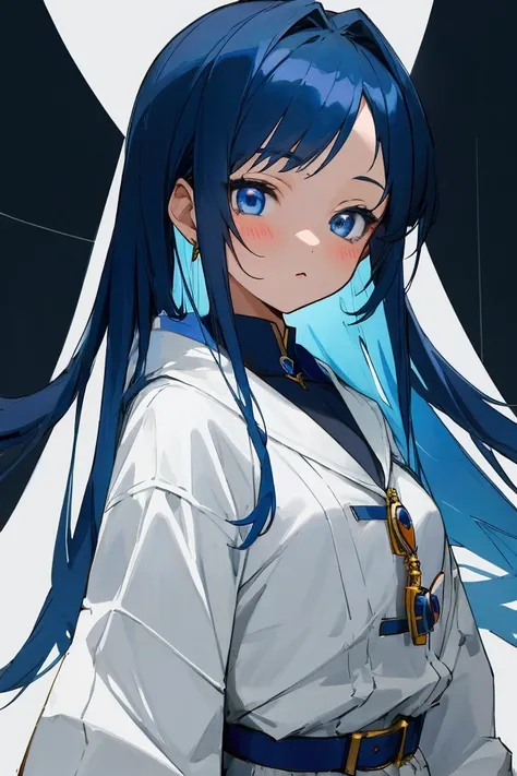 Make a 15-year-old anime girl with dark blue hair with a white lock without too many details 