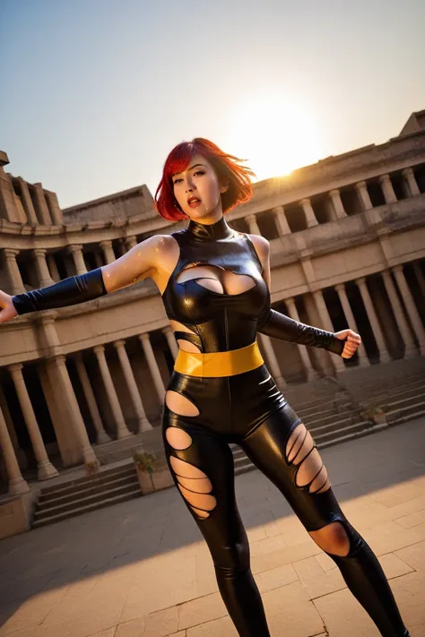 18years-old Japanese girl, very short cut, red hair, colorful super hero costume, no sleeves, dirty costume, big tits, ((torn costume: 1.8)), fighting pose, nsfw, outdoor, blow wind, (in the sunset), ruins, (best quality), (Very Aesthetic), (super detailed...