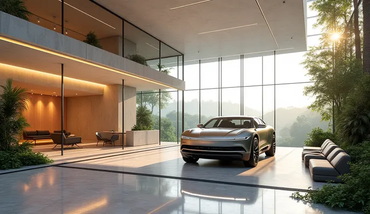 "Design an opulent, futuristic Rivian R1T pickup truck car showroom with a minimalist yet luxurious aesthetic. The space should feature expansive floor-to-ceiling glass walls, sleek marble or polishe RIVIAN R1T pickup truck d concrete flooring, modern ligh...