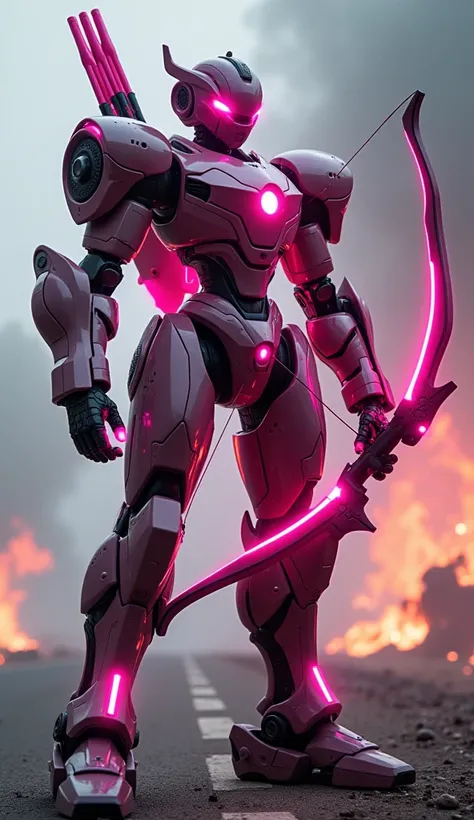 hyper-realistic cinematic images of cool and powerful robots that give a feminine impression. The robots exterior is predominantly pink and a slight combination of black, revealed in complex mechanical movements, revealing a towering robot armed with a fut...