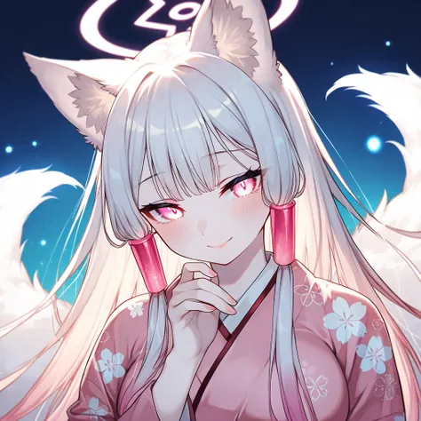 (1 adult anthropomorphic kitsune woman 1.9), full close-up,  portrait, (long flowing white hair with tips dyed pink 1.6), (nine fluffy white tails with glowing pink tips 1.8), (fox ears with inner glow 1.4), (large golden fox eyes 1.6), (soft pale skin wit...