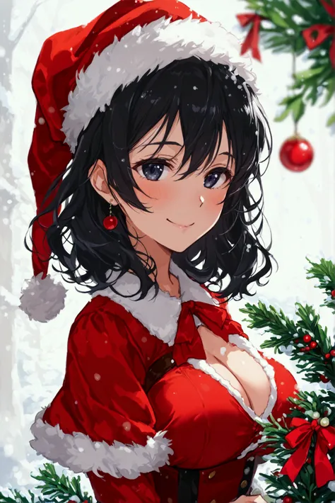 (anime) 30 year old woman , black hair,  slim build ,  and a sweet smile, high.With my eyes closed and waiting for a kiss.  Big Tits.Dressed in a Christmas way, holding a mistletoe branch in his right hand
