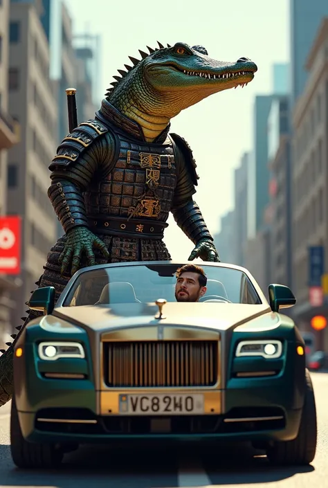 Crocodile in samurai outfit alongside Messi driving a rolls Royce 