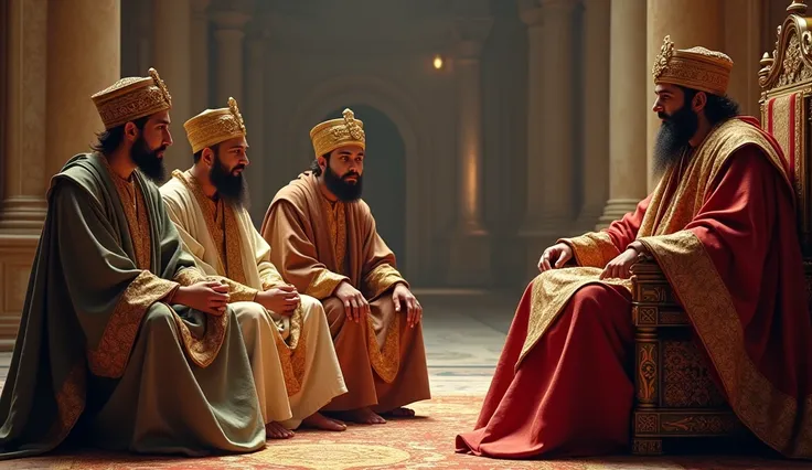 3 men dressed in fine linen with shiny clothes and on their heads wearing turbans talking in the palace with King Herod that the 3 men are seated and King Herod sitting on his throne talking with the king 