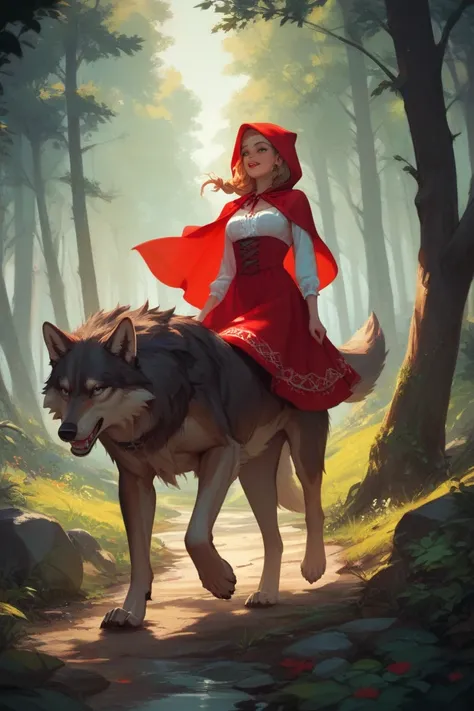 Little Red Riding Hood and the Wolf walking along a forest path