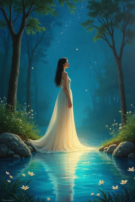 . A captivating painting of an Asian woman wearing a chiffon dress and can be seen inside. Yes,  standing next to a pool that glows in the forest, . . The starry sky is extremely bright , With visible constellations ,  and her dress gently reflects the lig...