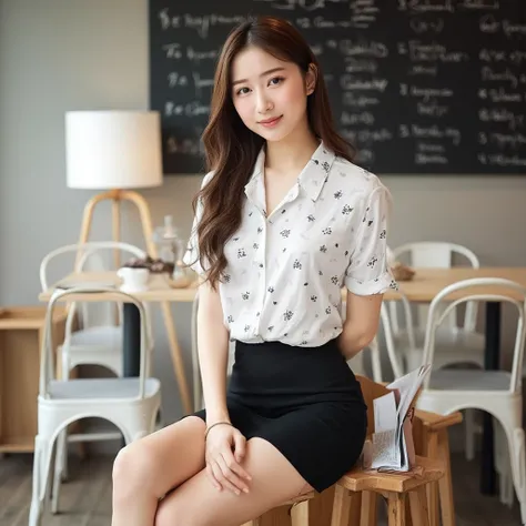 The image shows a young woman sitting on a wooden stool in a cafe. She is wearing a white blouse with black polka dots on it. The blouse has a collar-style neckline and short sleeves. She has long brown hair with a side part and a slight smile on her face....