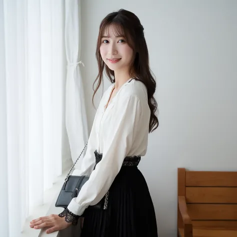 The image is a portrait of a young cute asian woman standing in front of a window. She is wearing a white blouse with long sleeves and a black skirt with a black lace trim. She has long dark hair that is styled in loose waves and is smiling at the camera. ...