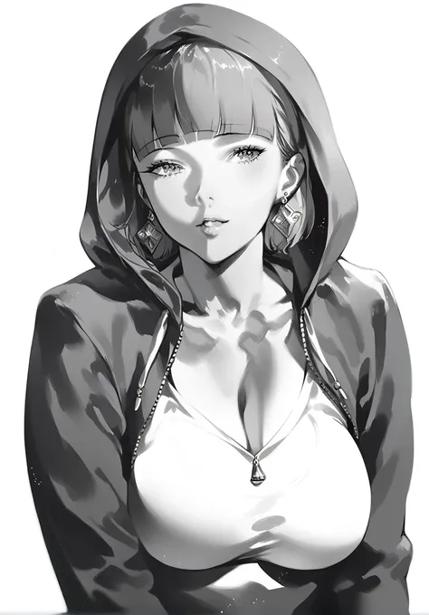 score_9, score_8_up, score_7_up, 1girl, sp1t, masterpiece, best quality, high quality, detailed clothes, detailed, monochrome, sketch, abundant detailed hatching shading, monochrome, big breasts, facing viewer, hoodie, white background, earrings, straight ...