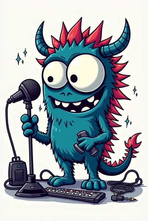  A cartoonish monster with white eyes, in a different color, working as an audiovisual production assistant. The monster holds a boom microphone and is surrounded by cables, lights, and other production equipment. Hand-drawn style with bold outlines and vi...