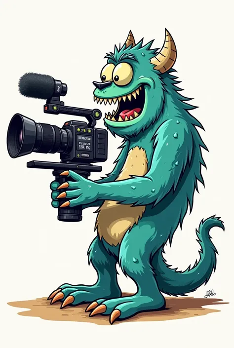  A whimsical and cartoonish illustration of a monster operating a professional camera rig. The monster should have a playful and slightly shaggy appearance, holding the camera confidently, with detailed equipment like a stabilizer and lenses. The art style...