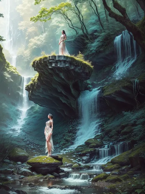 there is a woman standing on a rock in the woods, sparkling in the flowing creek, next to a waterfall, setting in nature, standing pose on stones, nature goddess, in harmony with nature, feeling the nature, doing an elegant pose, playing in waterfalls, sta...