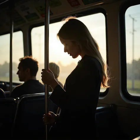 A quiet, peaceful moment on a bus during an early morning commute. A lone passenger stands holding the rail, reflecting deeply. Their posture is calm and introspective, with soft light streaming in through the window.