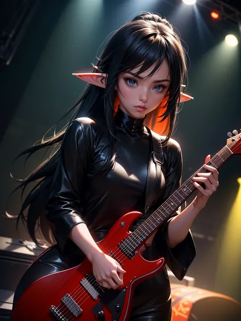 a beautiful asian elf woman in a rock band on stage, long dark hair, glowing skin, intricate elf ears, wearing a sleek black outfit, holding an electric guitar, surrounded by other band members playing instruments, dramatic lighting, colorful stage backdro...