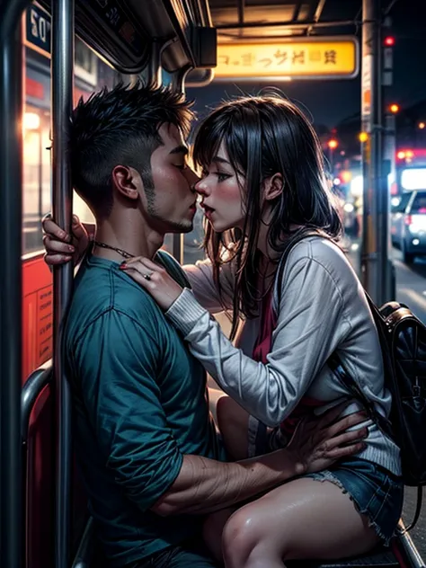 Couple having sex at night at the bus stop.