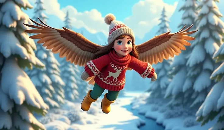  image for a cartoon story YouTube video in style Disney: format Pirax. Eagle owl with Brie,  she is a tall  girl with long brown hair and bright blue eyes,  x} dressed in a warm knitted red sweater with deer ,  green pants ,  yellow boots ,  a woolen hat ...