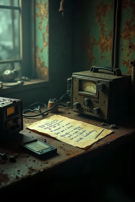 "An old and abandoned radio room inside a cargo ship, with broken equipment and a faint, flickering light. A handwritten note on the table reads All dead, I’m dying. The walls are covered in rust and shadows, creating a chilling and tense atmosphere."