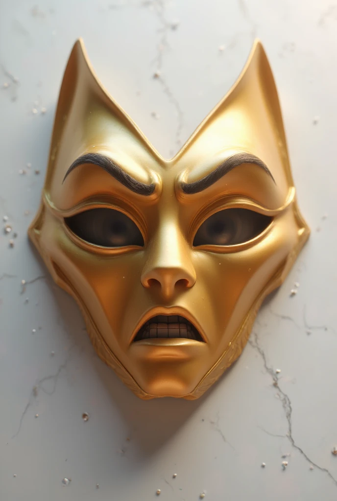 A geometric, abstract mask with no human features, made of metallic gold with a reflective finish. The design is symmetrical, sleek, and modern, set against a neutral gradient background from white to gray. The mask should convey elegance, mystery, and aut...