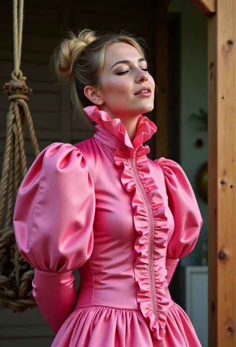 (realistic photograph close up sideways cheerful), (a pleased beautiful European orgasm looking lady with (messy hair bun), she is wearing (an elaborate extensive shiny pink silk dress with (long gigantic puff sleeves), (and an ultra high narrow stand-up c...