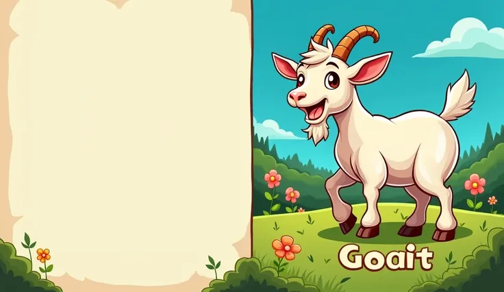 "Create a vibrant cartoon-style image divided into two sections:

Left Side (1/2 of the image): Leave this section blank for future customization.

Right Side (1/2 of the image): Depict an animated goat (बकरी) with expressive eyes, arms, and legs. The goat...