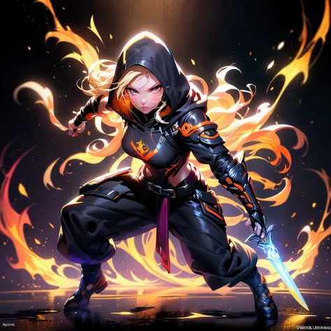 a hooded female thief assassin, golden hair, shrouded in shadows, holding a burning dagger in each hand, vibrant glowing abyss colors, full body shot, radiating electric energy, messy shoulder-length hair, detailed face, piercing eyes, beautiful lips, dram...