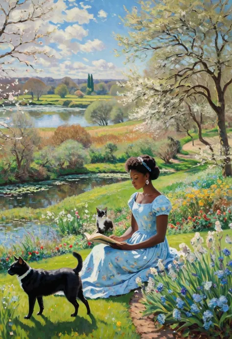  Create an image inspired by the style of Claude Monet ,  set in a spring landscape . In the distant plane ,  a White guy with beige ears plays happily with a black cat and a Siamese cat. In the foreground,  highlight a black woman with brown and delicate ...